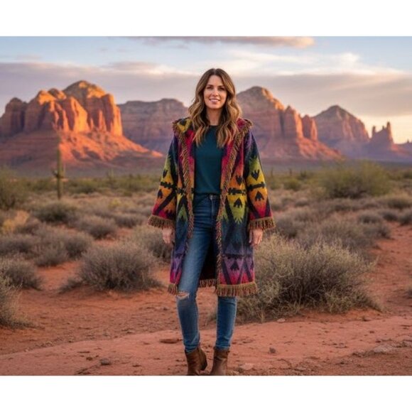 Tapestry Duster Cardigan Double-Sided Vintage Handmade Aztec  Free Size Rainbow - Picture 1 of 5